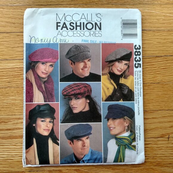 Vintage Hat Sewing Pattern Beret Newsboy Fisherman Driving Caps McCall's 3835 UC - Picture 1 of 11
